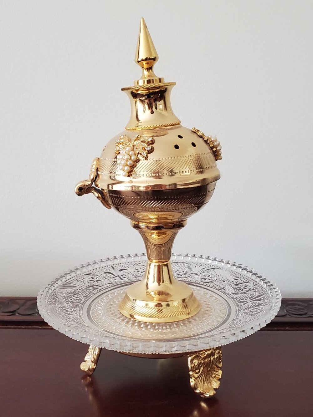 Ornate Gold Brass Metal Incense Burner Holder w/ Attached Glass Footed Tray